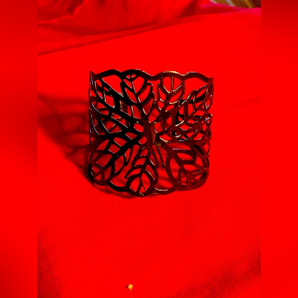 SALE 5/$25 wide cuff bracelet, black enamel w/lacy filigree pattern